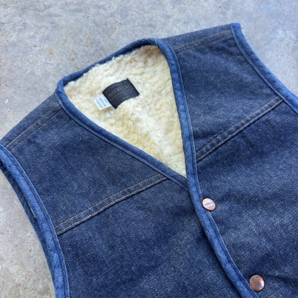 Vintage 70s Roebucks Sears Denim Sherpa Vest Americana Workwear Blue Medium g4a - Picture 2 of 8
